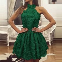High Neck Homecoming Dresses Sleeveless Lace Satin Mini Short Prom Dress Appliques Custom Mdae Graduation Party Gowns M350