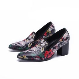 Italian Style Men Shoes Pointed Toe 7.5CM High Heels Men Leather Shoes Print Flowers Fashion Party&Wedding Shoes Men