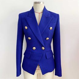 HIGH QUALITY est Classic Designer Jacket Women's Silver Lion Buttons Double Breasted Slim Fit Textured Blazer 210930