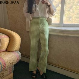 Korejpaa Women Set Summer Korean Chic Fresh V-Neck Lace Puff Sleeve Shirt High-Waist Straight-Leg Plaid Casual Trousers 210526