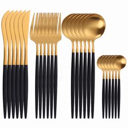 Black Gold Dinnerware Set Fork Spoon Knife Cutlery 24 Pieces Stainless Steel Complete Tableware s Kitchen 210928