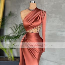 Sexy Satin Mermiad Evening Prom Dresses 2022 One Shoulder Long Sleeves Crystal Beads Split Informal Reception Party Gowns