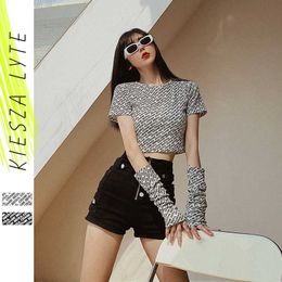 Short t shirt for women summer korean style tight letter printed short sleeve slim crop top trendy streetwear 210608