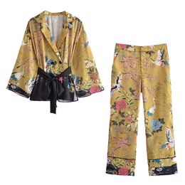 Nlzgmsj Za Autumn Women Sets Floral Print Long Sleeve Blouses Shirts + Pant Set Casual 2 Piece Outfits 07 210930