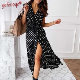 Women Party Dresses Fashion Polka Dot Split Boho Summer Dress Women Clothing Casual Beach Vacation Long Dresses Robe Femme 211029