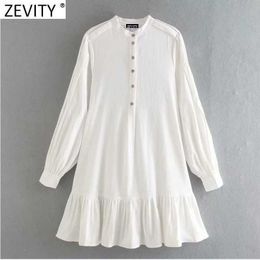 Zevity Women Court Style Stand Collar Hem Pleat Ruffles Shirt Dress Femme Lantern Sleeve Breasted Vestido Chic Cloth DS4690 210603