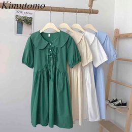 Kimutomo Peter Pan Collar Solid Dress Women Drawstring Lace Up Puff Sleeve High Waist Summer Korean Fashion Vestidos Female 210521