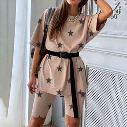 Fashion Casual solid women's two piece suit including belt print home loose sports leisure suit summer 2 piece set 210514