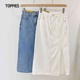 Toppies White Denim Skirts Women High Waist Straight Skirts Side Split Streetwear Midi-length 210412