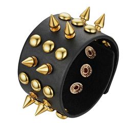 Boniskiss 2020 New Arrival Punk Gothic Rock Cuspidal Spikes Rivet Cone Stud Wide Leather Cuff Bracelet Bangle Men Jewelry Q0717
