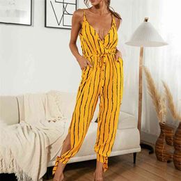 Summer Sexy casual button jumpsuit For womens style sexy V-neck striped suspender lace-up outfit 210508