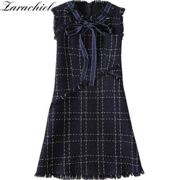 Winter Woolen Tweed Brand Women's Sleeveless Tassel Fringed Trim Plaid Bow Vest Ladies Mini A Line Dress 210416