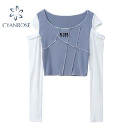 Off Shoulder Skinny Cropped T Shirt Women Long Sleeve Bodycon E-Girl Aesthetic Vintage Irregular Patchwork Tees And Tops Female 210417