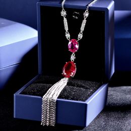 Tassels Ruby Diamond Pendant 100% Real Sterling Sier Party Wedding Pendants Necklace for Women Bridal Chocker Jewelry