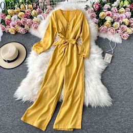 Women Rompers Korean Bandage Bow Solid Jumpsuit Autumn V Neck Long Sleeve Bodysuit Ropa Mujer Elegant 17485 210415