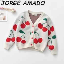 Girls Cardigan Sweater Knitting Wool Fashion Cherry Pure Colour V-Neck Kids Coat Clothes WL011 210610