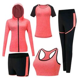 Quick dry women yoga clothing hooded coats+t shirt+bra+shorts+pants 5 pieces set womens autumn outdoor running sportswear gym 210802