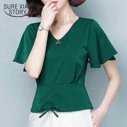 Summer Red Butterfly Short Sleeve Women tops Plus Size Chiffon blouse V-neck Waist design Women's Shirt9047 50 210508