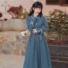 YOSIMI Corduroy Blue Dres Spring Elegant Fit and Flare Peter Pan Collar Mid-calf Long Sleeve Dresses Vintage 210604