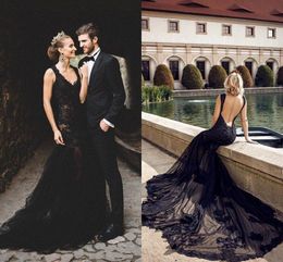 Sexy Black Gothic Mermaid Wedding Dress Bridal Gowns Lace Applique Backless Floor Length V Neck Tiered Tulle Garden Formal Dresses Vestidos De Marriage