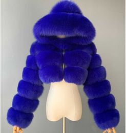 LUZUZI New Winter Furry Cropped Faux Fur Coats Women 2021 Fluffy Top Coat with Hooded Warm Fur Jacket Ladies manteau femme Y0829