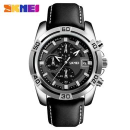 Skmei Fashion Watch Men Leather Top Luxury Military Quartz Wristwatches Waterproof Outdoor Sports Watches Relogio Masculino 9156 Q0524