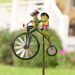 Vintage Bicycle Wind Spinner Metal Stake Frog Riding Motorcycle Windmill Decoration For Yard Garden Decoration Outdoor Decor Q0811