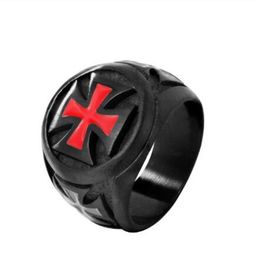 Solitaire Ring Cluster Rings Punk Black Cross Knight Templar Ring Men's Stainless Steel Crusader Wedding Religious Jewellery