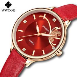 WWOOR Fashion Ladies Watch For Women Casual Red Leather Dress Watches Top Brand Luxury Crystal Female Quartz Clock Gift 210527