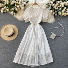 SINGREINY French Embroidery Dress Women Sweet Puff Sleeve V Neck A-line Dresses Summer Casual Streetwear Split Midi Dress 210419