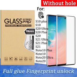 Glue adesivo completo Fingerprint Desbloqueio Protetores de tela sem furo 0.18mm Telefone Vidro temperado para Samsung S22 S21 S10 S20 Plus Ultra Note10 20 com pacote de varejo