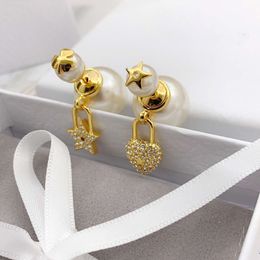 Роскошный дизайнер большие жемчужные двухсторонние серьги для гвоздики Gold Star Heart Crystal буквы ушные кольца ювелирные изделия фирменная коробка упаковка