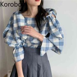 Korobov Plaid Bow Women Blouses New Arrival O Neck Puff Sleeve Female Shirts Korean Sweet Chic Blusas Mujer 210430