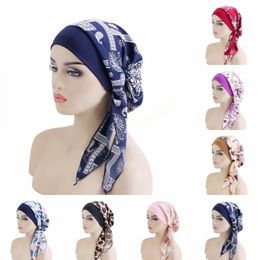 Africa Muslim Women Printed Long Tail Hijabs Hat Wide Side Elastic Wrap Turban Cap Islamic Headscarf Head Cover Leopard Nightcap