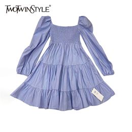 Casual Solid Dress For Women Square Collar Puff Long Sleeve High Waist Ruched Mini Dresses Female Summer Style 210520