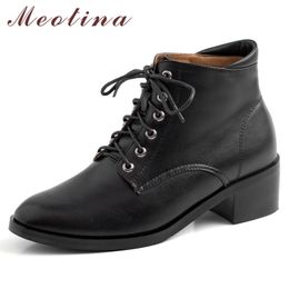 Winter Genuine Leather Ankle Boots Women Lace Up Block Heel Short Cow Round Toe Shoes Lady Fall Size 34-39 210517