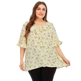 5XL Plus Size Long Blouse Shirt Women Summer Ruffles V Neck Half Sleeve Floral Print Boho Chiffon Loose Ladies Tunic Tops 210719