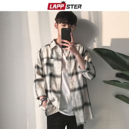 LAPPSTER Men Hip Hop Plaid Shirts Male Korean Fashion Streetwear White Loose Vintage Oversized Clothing 210721