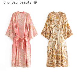 Chu Sau beauty Fashion Boho Vintage Print Long Tops Women Holiday Loose Ladies Kimono Beach Sashes Cardigans Female 210508