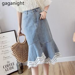 Gaganight Fashion Lace Patchwork Jeans Women Skirt High Waist Plus Size Faldas A Line Lady Elegant Lady Mini Short Skirts Ruffle 210519