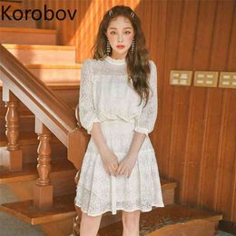 Korobov Korean Chic Stand Collar Lace Women Dress Vintage OL Female Dresses Summer New Solid Hollow Out Robe Femme 210430