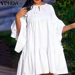 Women White Dress 2021 VONDA Sexy 3/4 Sleeve Flare Sleeves Plain Party Dress Beach Sundress Casual Vestidos Y1204