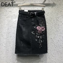 DEAT Denim Half Mid Skirt Women Black Split Hip One Step Style Over The Knee Casual Style New Fashion Tide Summer GD872 210428
