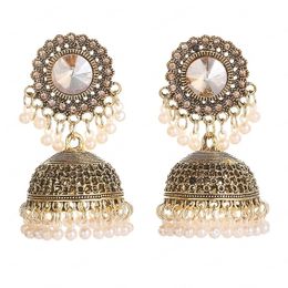 Classic Women's Retro White Rhinestone Indian Jhumka Dangle Earrings Ethnic Vintage Pearl Bell Tassel Earrings