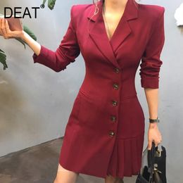 spring and autumn wine color suit skirt pleated single breasted solid long sleeve casual dress female GX1078 210421