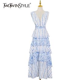 Blue Vintage Ruffles Dress For Women V Neck Sleeveless Hit Colour Patchwork Mid Dresses Female Clothing Summer Style 210520