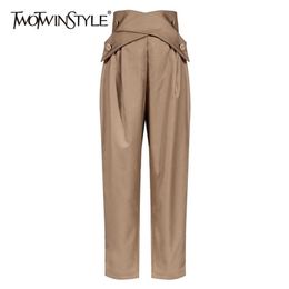 TWOTYLE Casual Irregular Trousers For Women High Waist Lace Up Button Straight Slim Pants Female Autumn Fashion 211124
