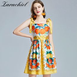 Summer Fashion Runway Holiday Women Bow Tie Spaghetti Strap Slash Neck Cherry Flower Print Party Short Dress Vestidos 210416