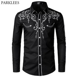 Stylish Western Cowboy Shirt Men Brand Design Embroidery Slim Fit Casual Long Sleeve Shirts Mens Wedding Party Shirt for Male 210705