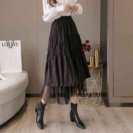 Summer Women Tulle Long Skirt High Waist Ruffles White Pleated s Gothic Black Jupe Femme Saia Midi Faldas Girls 210421